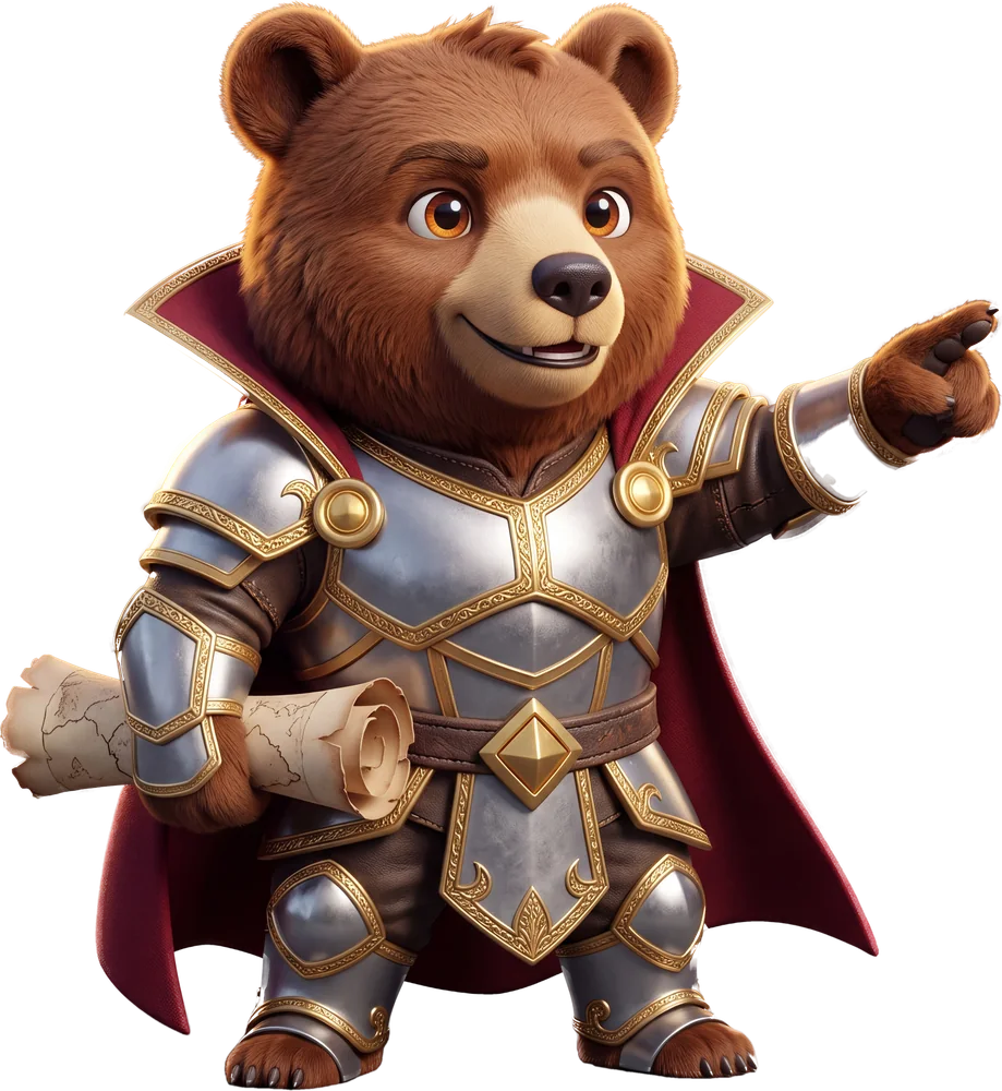 Sir Bearingsly III, a brown bear knight with a map scroll under one arm, pointing the way ahead.