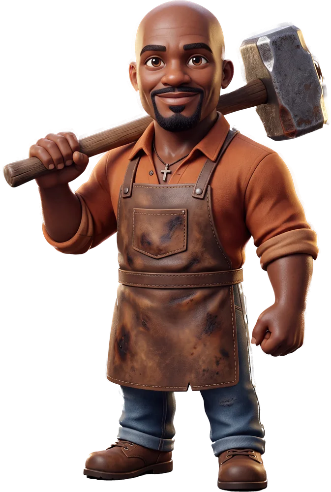 The Blacksmith, a bald man with a goatee in a leather apron and burnt-orange shirt, forge hammer on his shoulder.