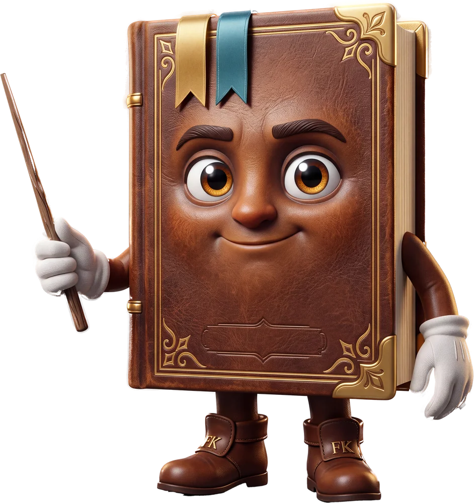 Sir Ezren the Scribe, a living leather-bound book with gold corners, holding a pointer.