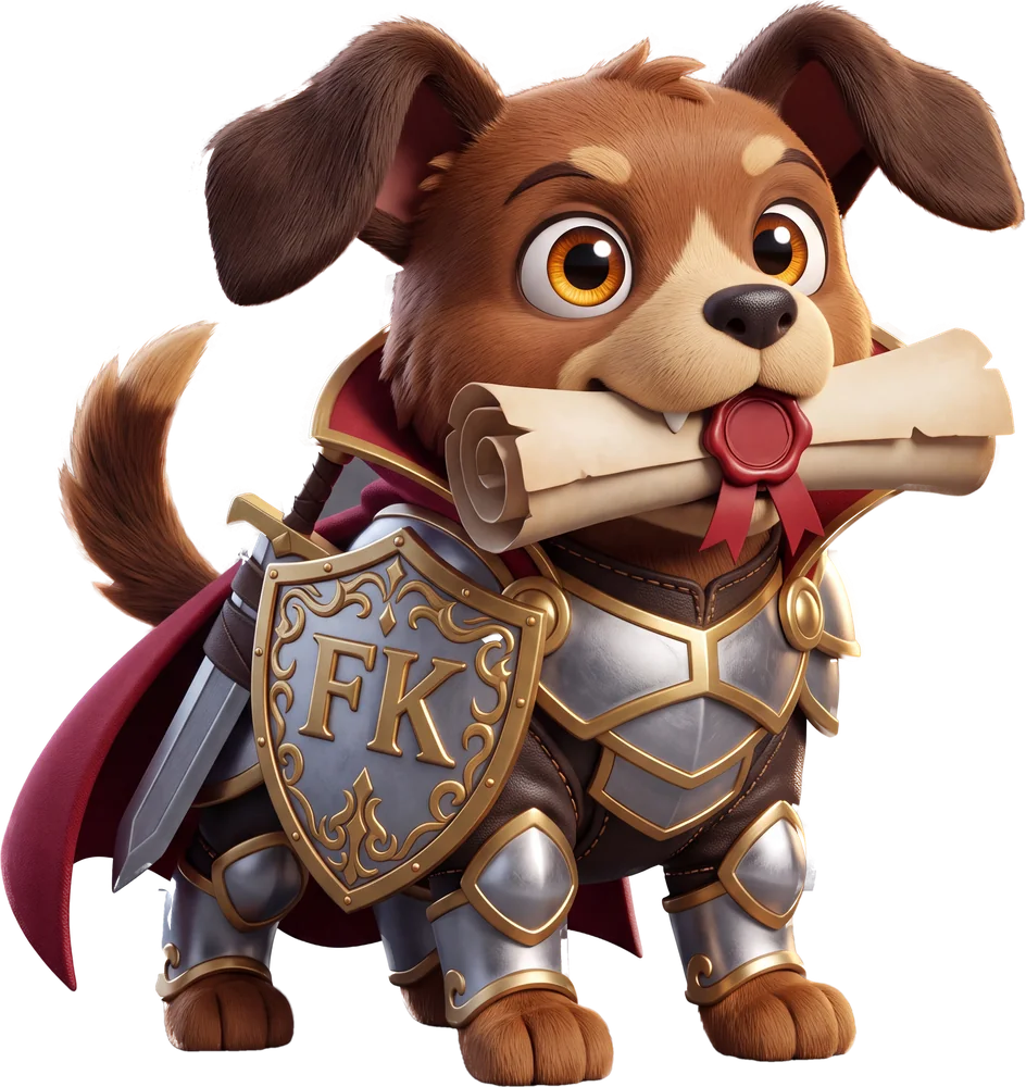 Mr. FetchWord, a brown dog knight on four legs carrying a sealed scroll, with an FK shield and crimson cape.