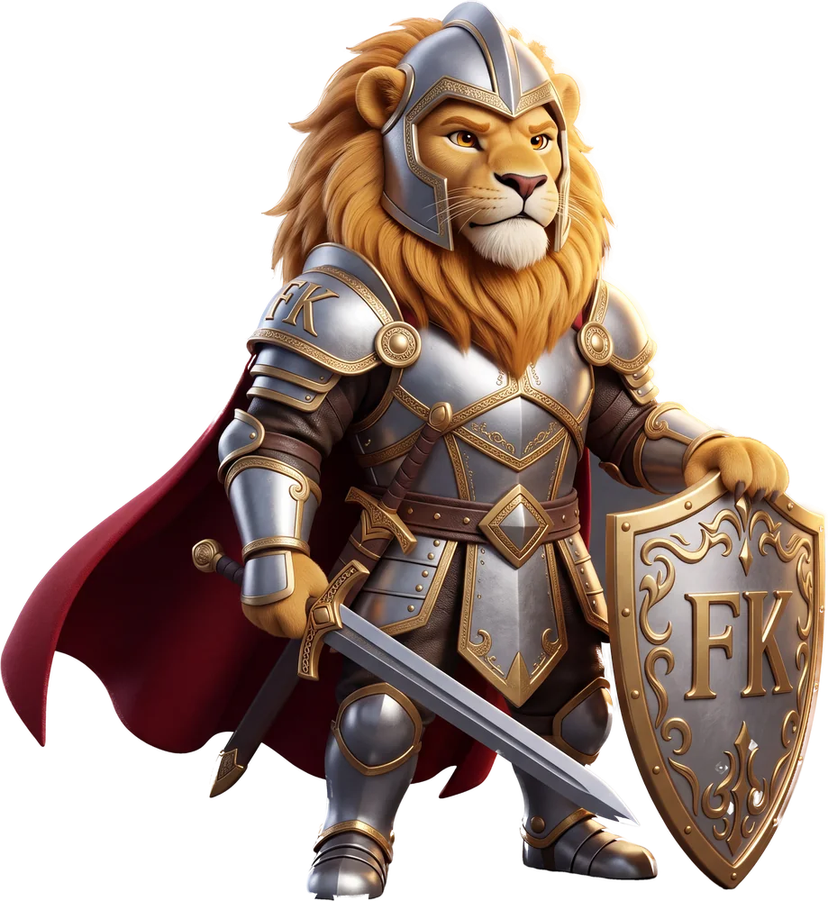Sir NotLion, a lion knight in silver and gold armor with a crimson cape, sword drawn and FK shield planted.