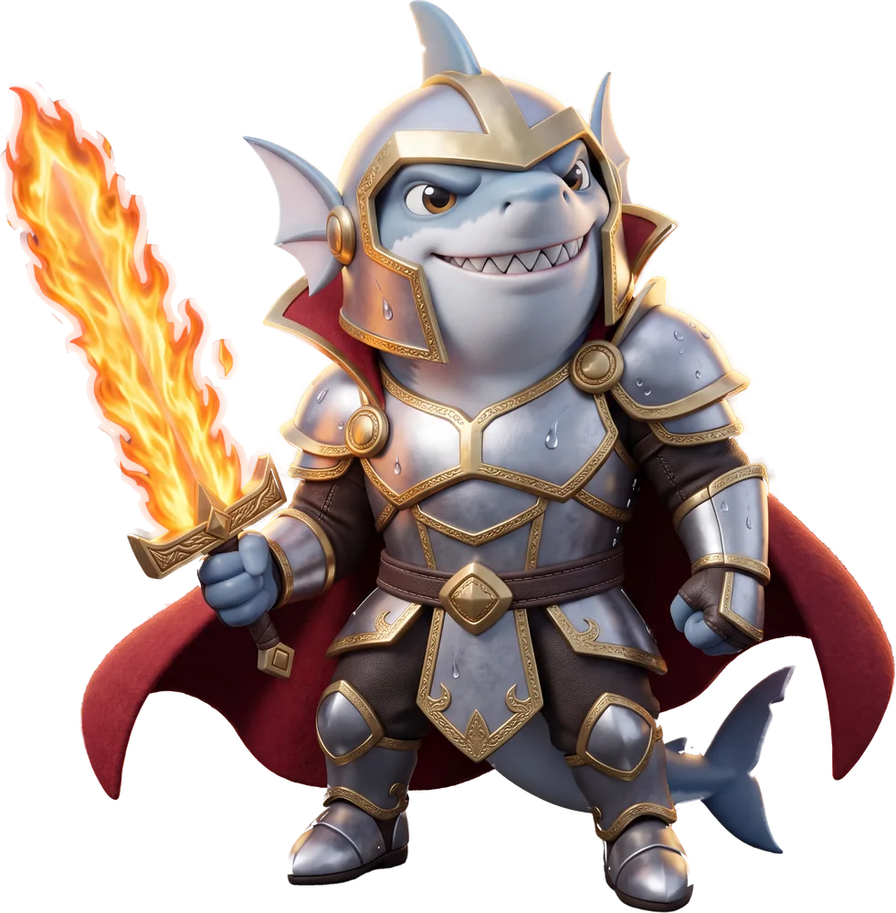 Sir Sharkly, a shark knight in silver armor with a flaming sword and crimson cape.