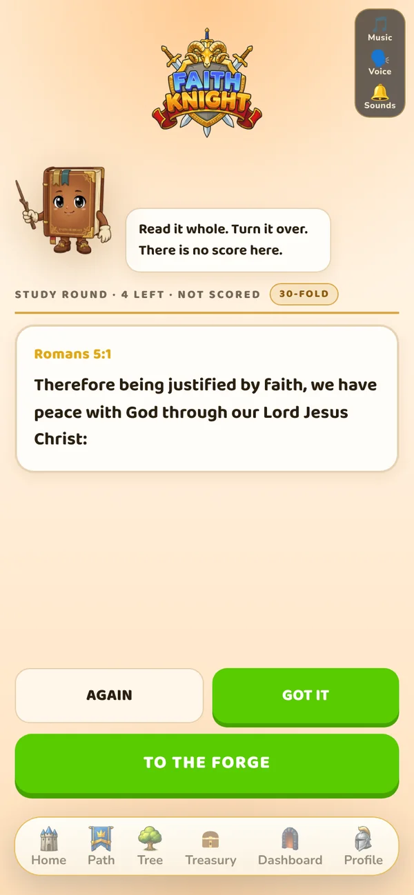 Real Faith Knight screen: Memory Forge study round. Romans 5:1 shown in full. Study round, not scored, 30-Fold.