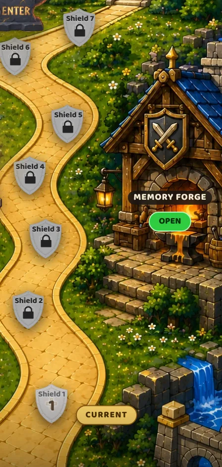 Real Faith Knight screen: the Foundation Road at 30-Fold. Shield 1 is current; Shields 2 to 7 wait ahead, locked, beside the Memory Forge.