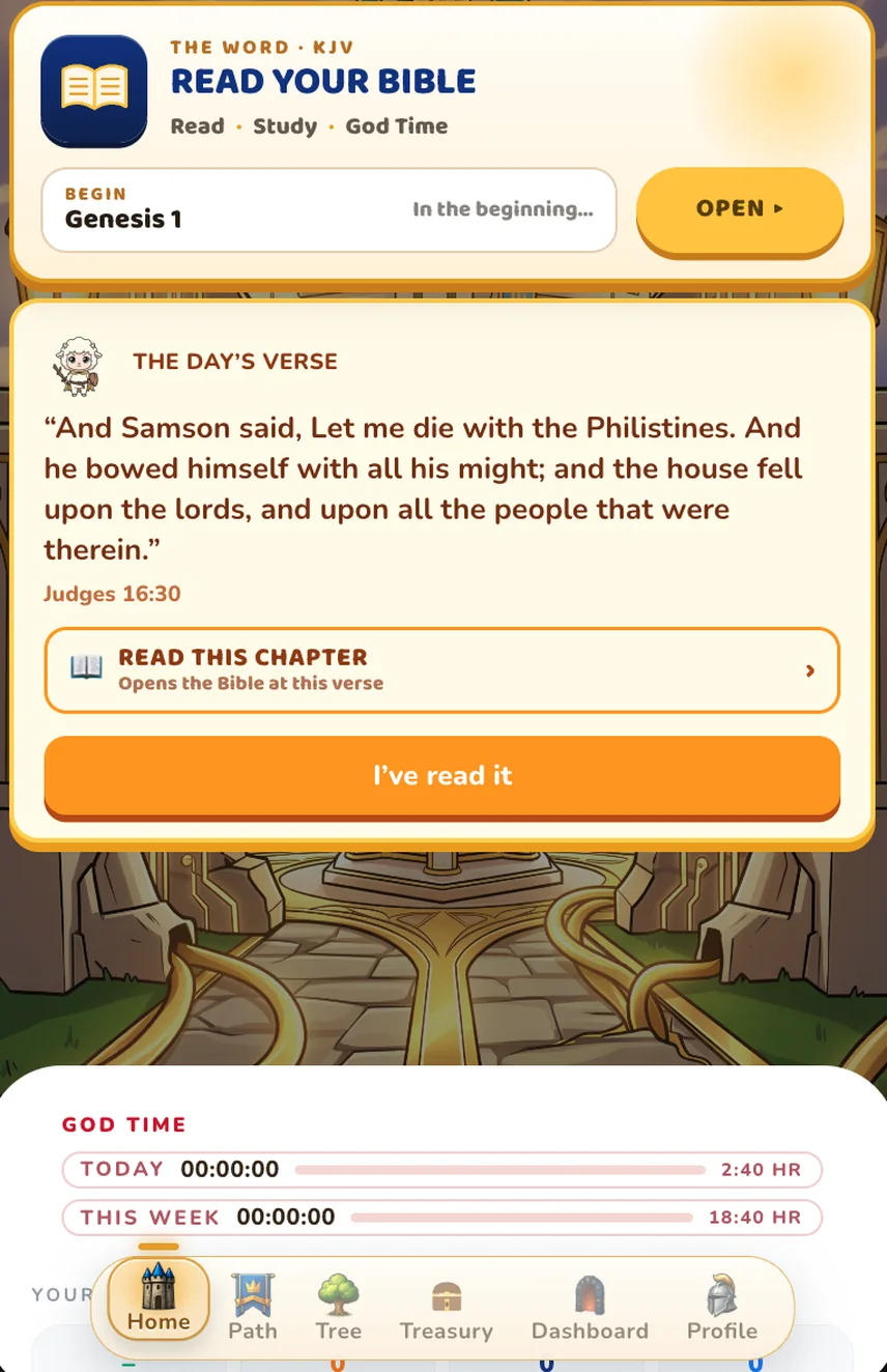 Real Faith Knight screen: Read Your Bible on the home screen, Begin at Genesis 1, and the Day's Verse with Read this chapter and I've read it.