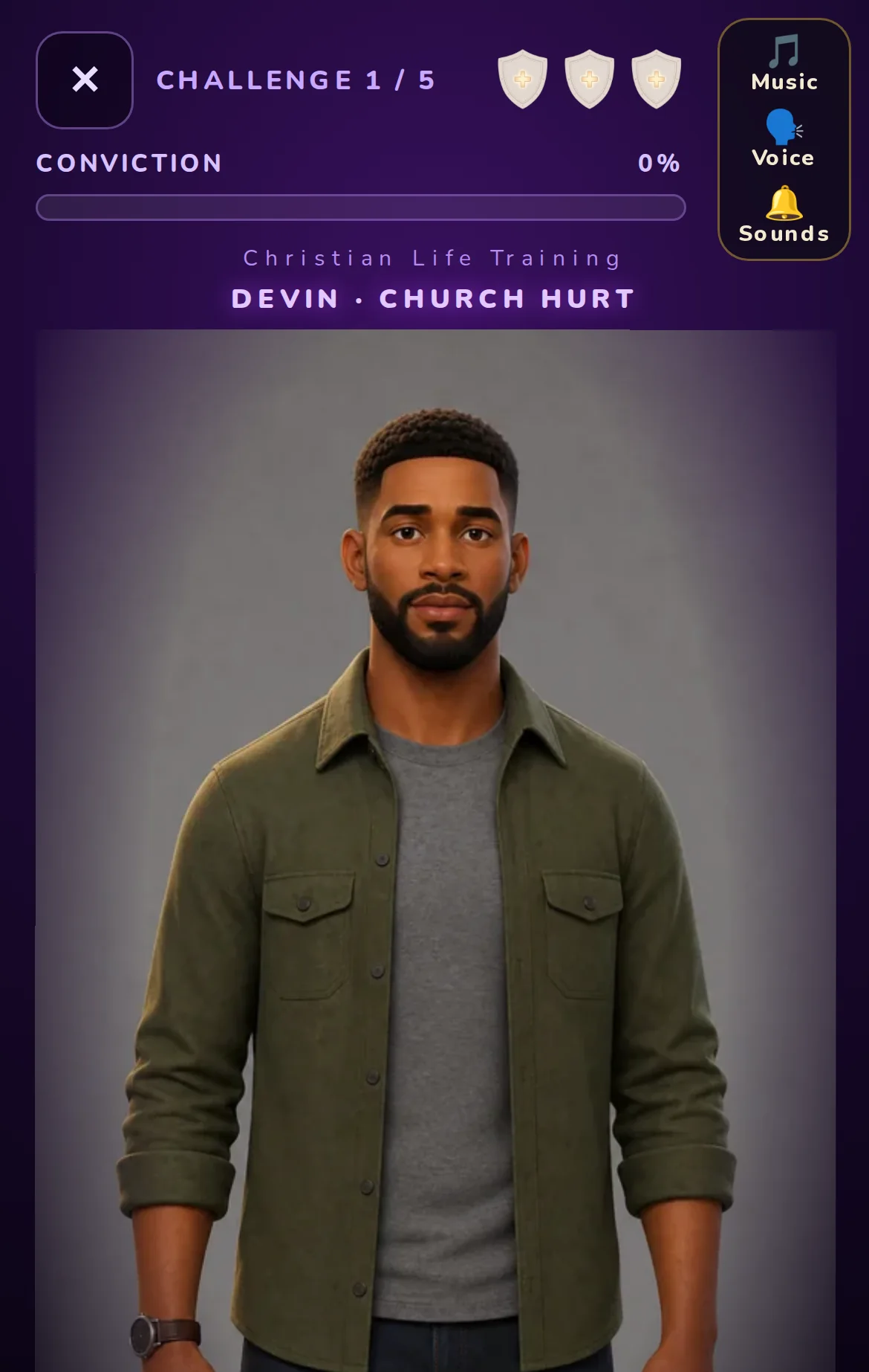 Real Faith Knight screen: Christian Life Training, Devin, Church Hurt, challenge 1 of 5. Devin stands waiting for your answer.
