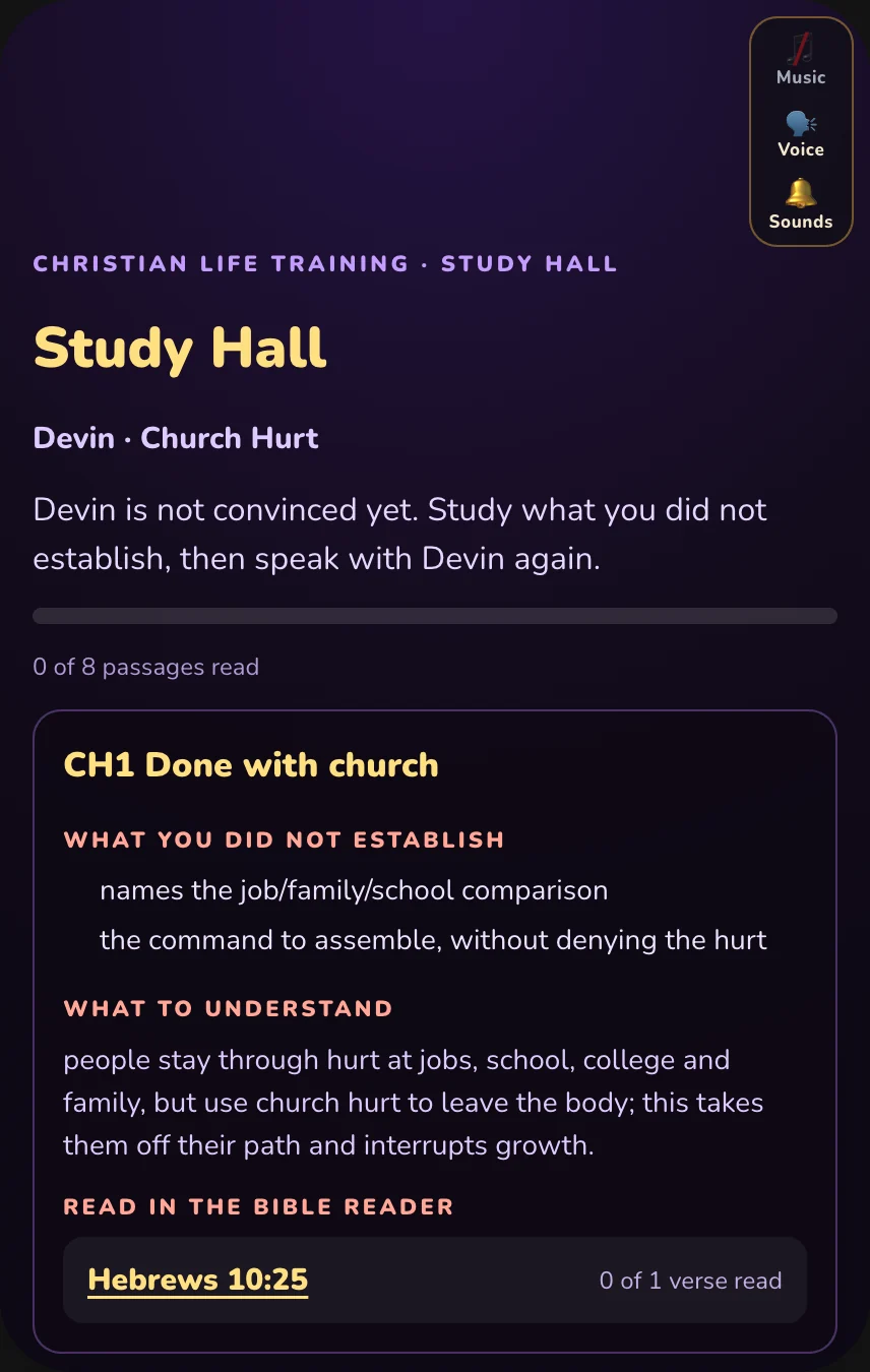 Real screen: Study Hall for Devin, Church Hurt. What you did not establish, what to understand, and Hebrews 10:25 to read in the Bible Reader.
