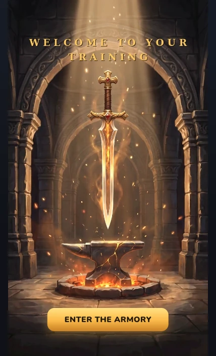 Real Faith Knight screen: the Armory of Memory intro. Welcome to your training, a sword over a glowing anvil, Enter the Armory.