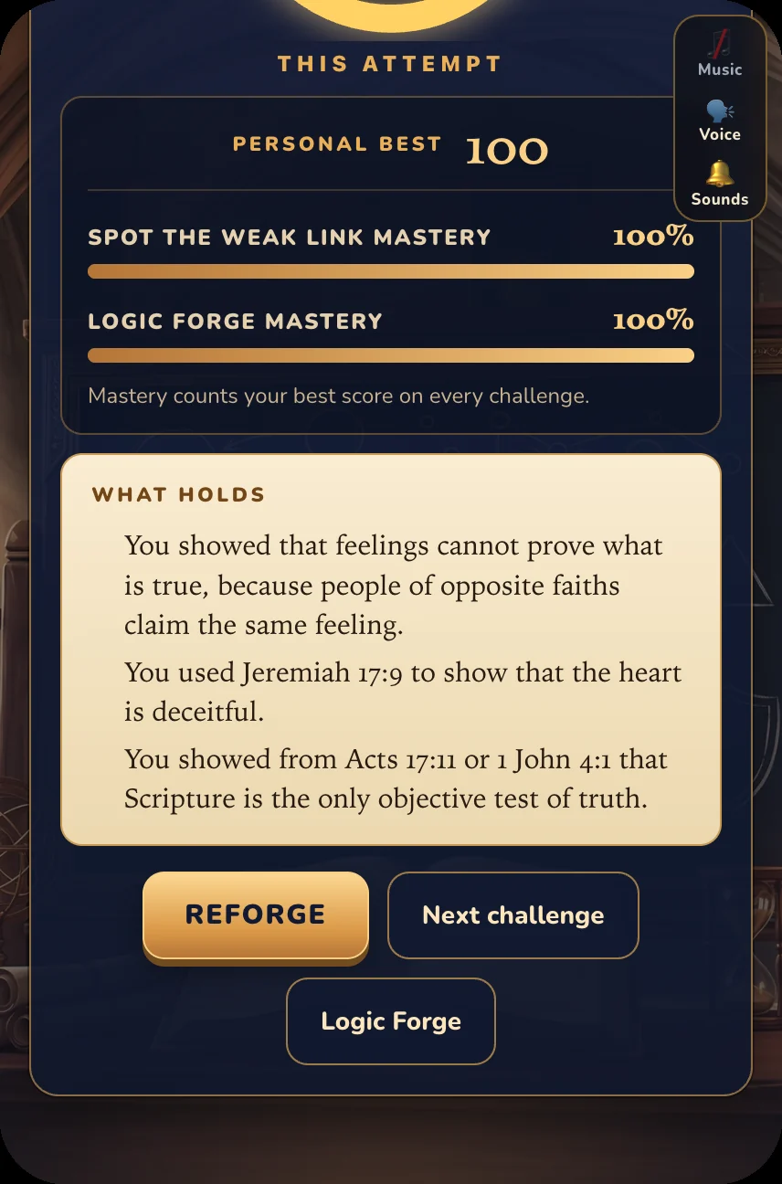 Real screen: What Holds, the points the answer established, citing Jeremiah 17:9 and Acts 17:11.