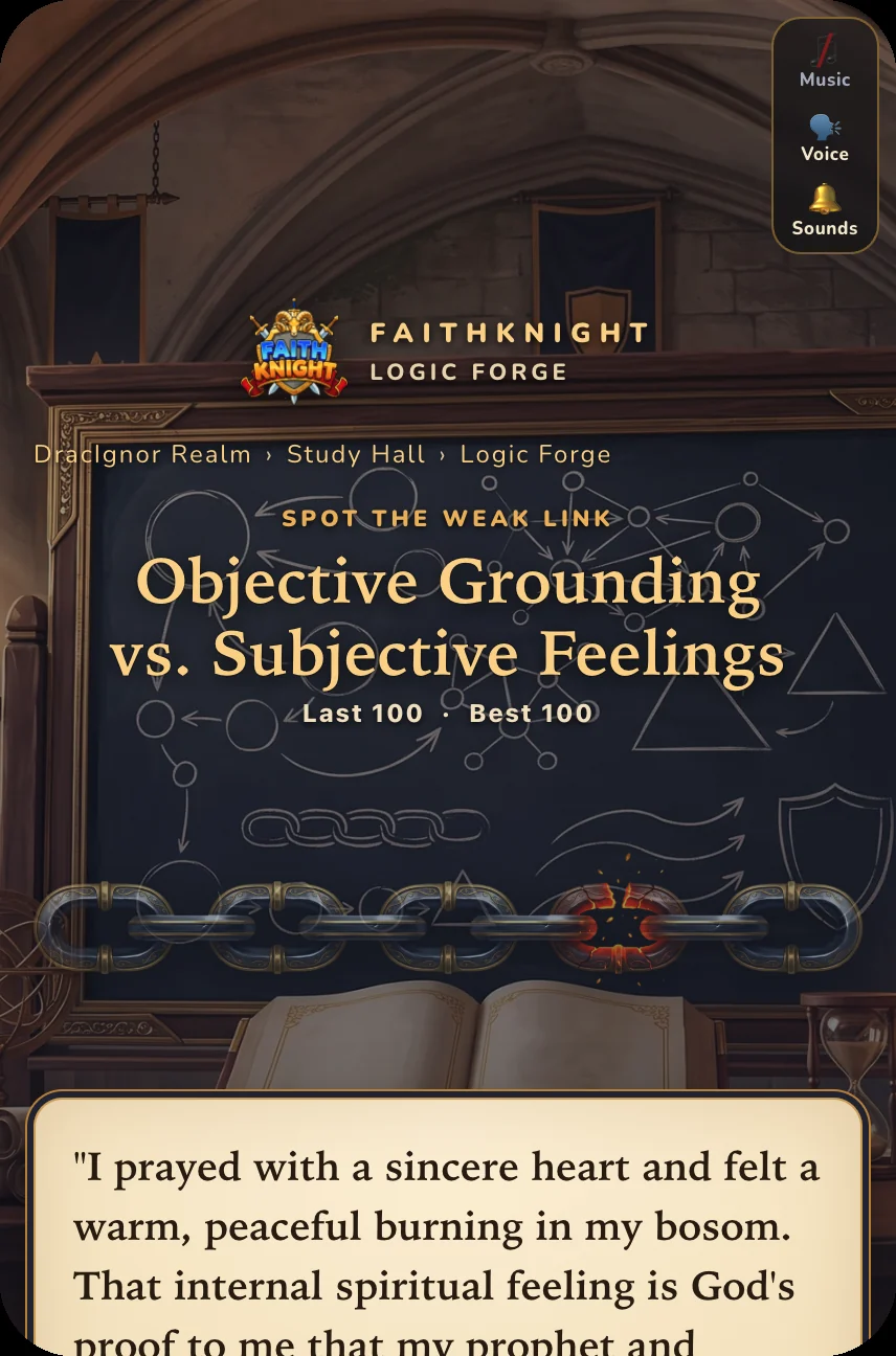 Real Faith Knight screen: Logic Forge, Spot the Weak Link. Objective Grounding vs. Subjective Feelings. The claim reads: I prayed with a sincere heart and felt a warm, peaceful burning in my bosom; that feeling is God's proof to me.