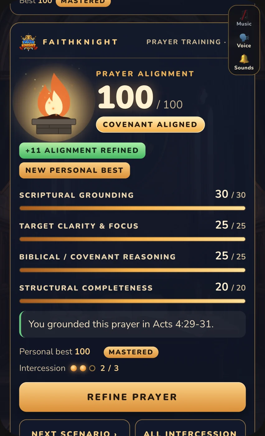 Real screen: Prayer Training result for an intercession scenario. Prayer Alignment 100 of 100, Covenant Aligned. Scriptural Grounding 30 of 30, Target Clarity and Focus 25 of 25, Biblical and Covenant Reasoning 25 of 25, Structural Completeness 20 of 20. Grounded in Acts 4:29-31.
