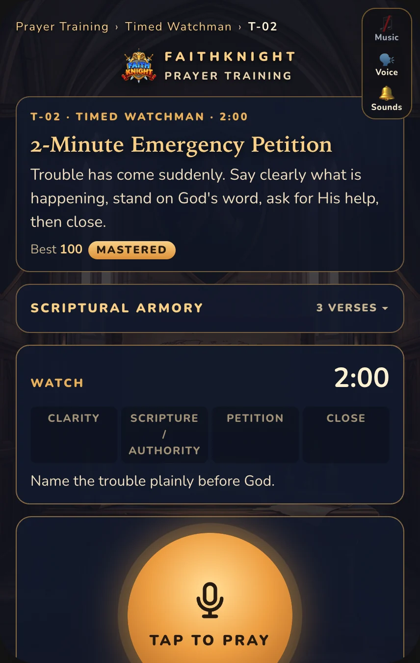 Real Faith Knight screen: Prayer Training, Timed Watchman, a 2-minute emergency petition with a two-minute watch and a Tap to Pray button.