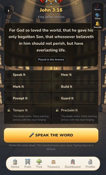 Real Faith Knight screen: John 3:16 in the Armory with the Speak It, Hear It, Mark It, Build It, Prompt It and Guard It steps, and the Speak the Word button.