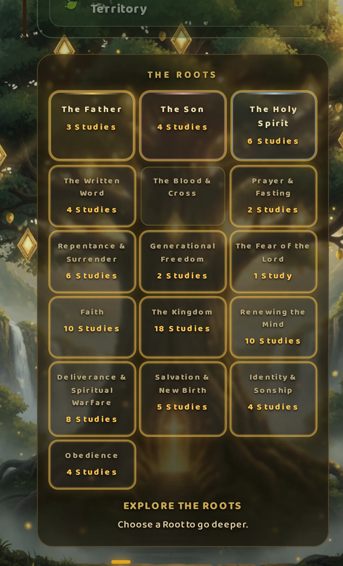 Real Faith Knight screen from a progressed review account: The Roots under the Tree of Knowledge, sixteen roots with their study counts, from The Father, The Son and The Holy Spirit to Obedience. Explore the Roots: choose a Root to go deeper.