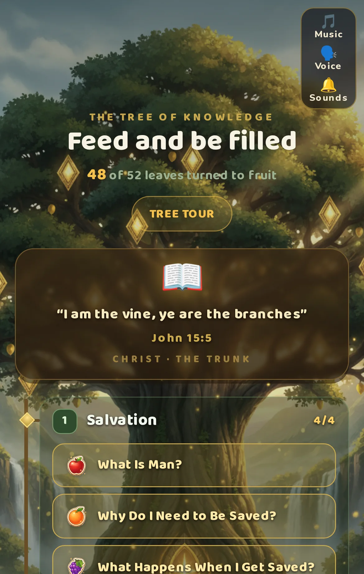 Real Faith Knight screen from a progressed review account: The Tree of Knowledge, Feed and be filled, 48 of 52 leaves turned to fruit. John 15:5, I am the vine, ye are the branches, and the Salvation branch with all four lessons fruited.