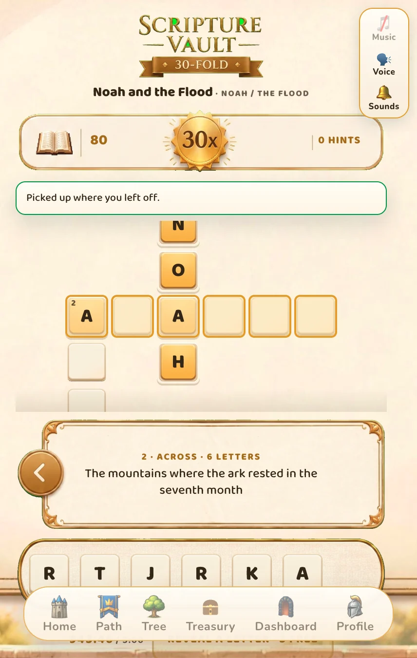 Real screen: the same board with NOAH placed, 80 points, next clue across: the mountains where the ark rested.