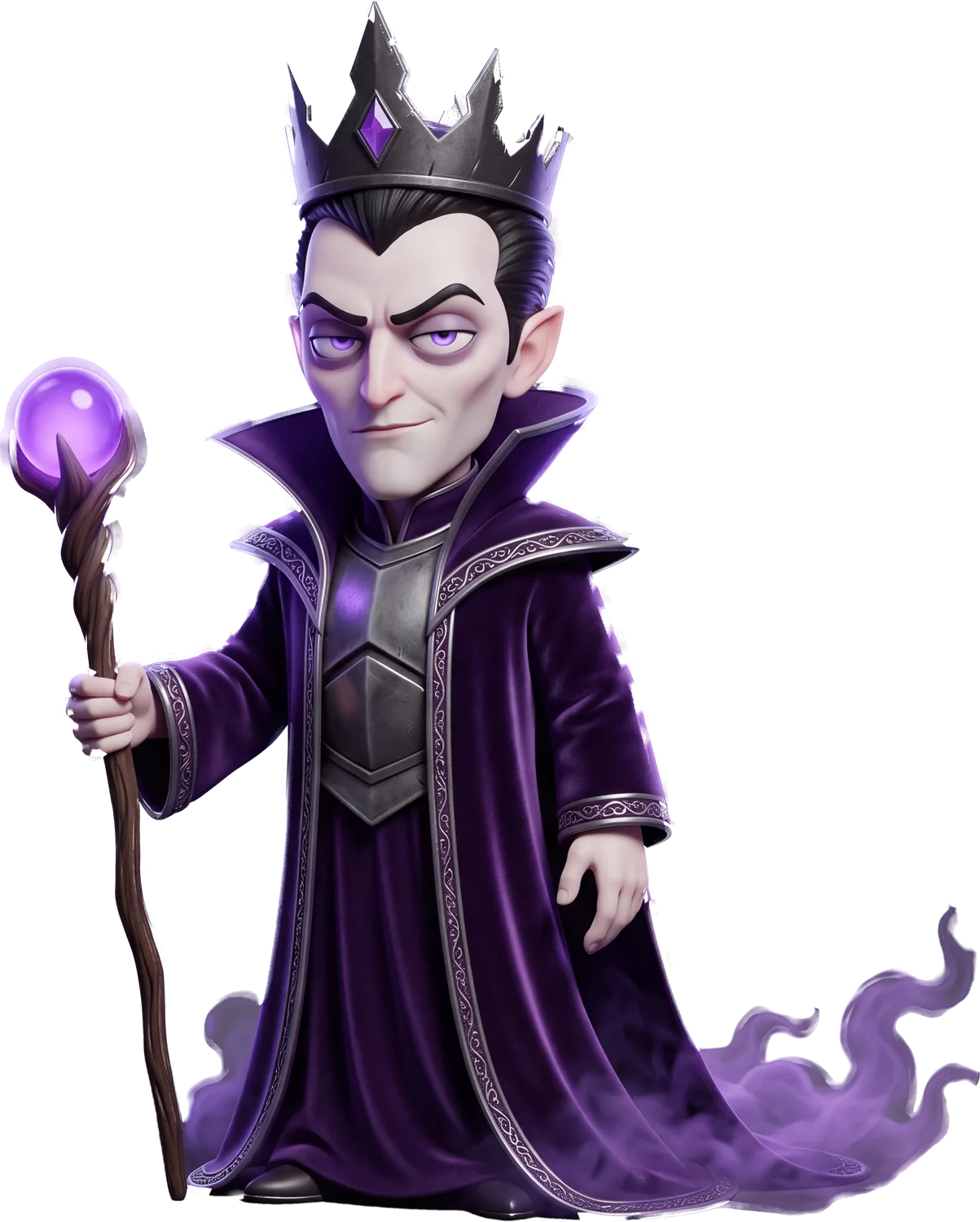 Drac Ignor, Prince of the Shadow Realm: a pale, crowned arch-vampire in a high-collared violet robe, holding a staff with a glowing violet orb, smoke at his hem.