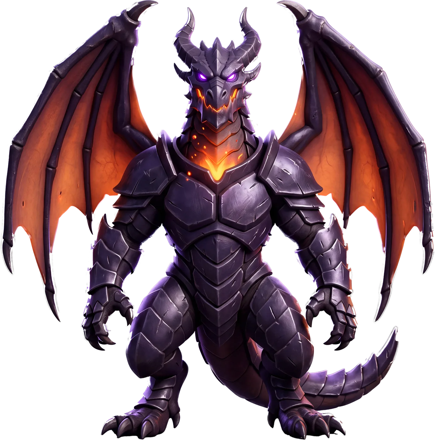 Hades, Drac Ignor's dragon in armored war-form: dark violet plates, a crown of swept horns, glowing violet eyes, an ember core in the chest and wide wings with ember membranes.