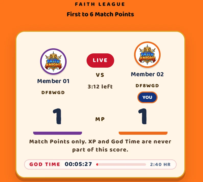 Real Faith Knight screen: a live 1 v 1 match, Member 01 against Member 02, 1 to 1 in Match Points with 3 minutes 12 seconds left, first to 6.