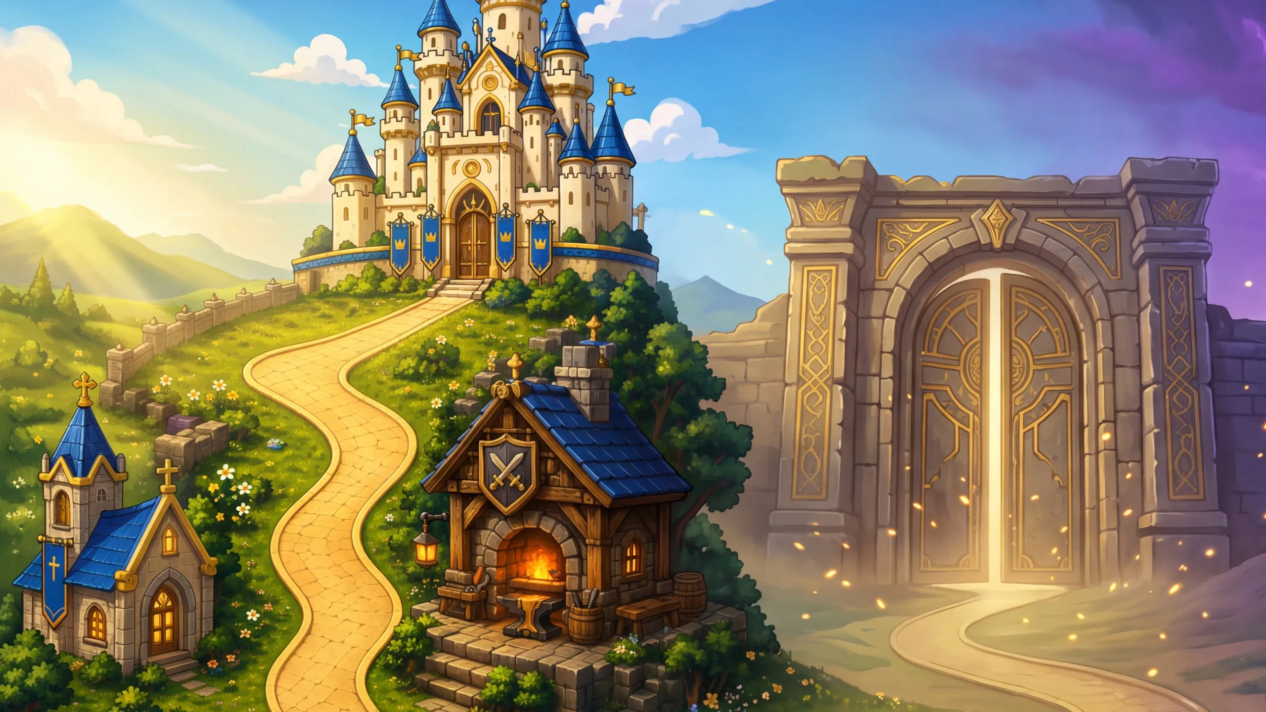 The bright Kingdom: a white castle above a golden road winding past a chapel and a blacksmith's forge toward a great golden gate.