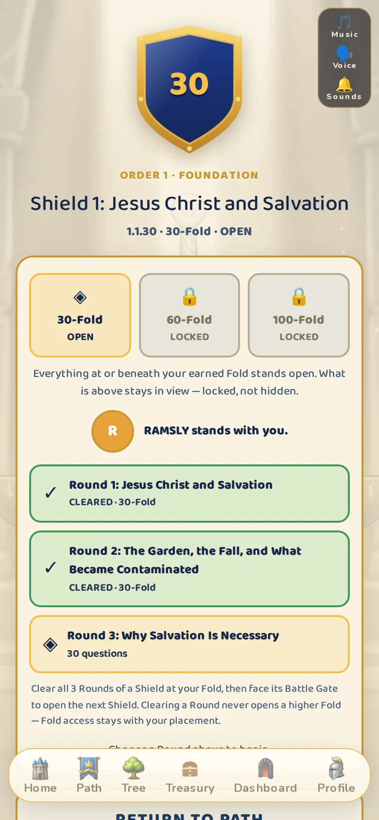 Real Faith Knight screen: Shield 1, Jesus Christ and Salvation, at 30-Fold. Rounds 1 and 2 cleared, Round 3 open, 60-Fold and 100-Fold locked.