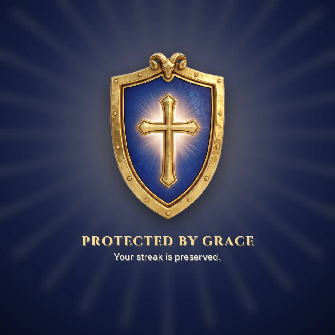 The gold Shield of Grace, a blue heater shield with a raised cross and ram horns, glowing over the words Protected by Grace. Your streak is preserved.